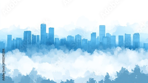 City skyline above the clouds, illustrated in shades of blue.