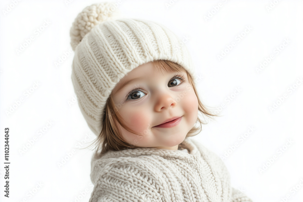 A baby wearing a soft white knitted cap, peeking over their shoulder with a cheeky grin A baby wearing a soft white knitted cap, peeking over their shoulder with a cheeky grin