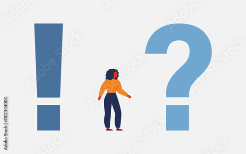 Woman between question mark and exclamation mark. Metaphor of uncertainty, decision-making, internal conflict, doubt and decisiveness. Struggle to move from questioning to action. Vector illustration