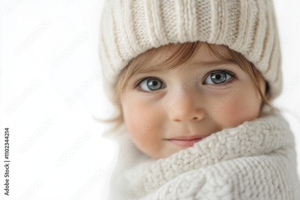 A baby wearing a soft white knitted cap, peeking over their shoulder with a cheeky grin A baby wearing a soft white knitted cap, peeking over their shoulder with a cheeky grin