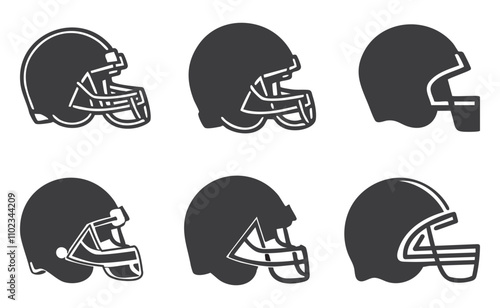 American Football Helmet Set Icon Silhouette, Flat Black Vector on white background