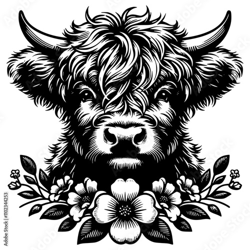 Highland cow head face portrait with flowers black vector illustration