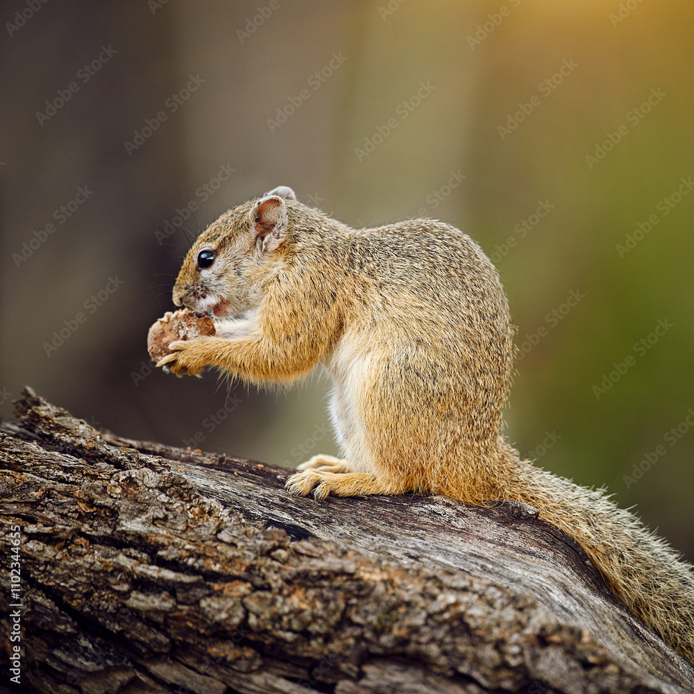 Squirrel, eating and nut in bush, tree and outdoor in nature, woods and environment at wildlife reservation. Rodent, animal and food on safari trail, profile and eco friendly park in South Africa