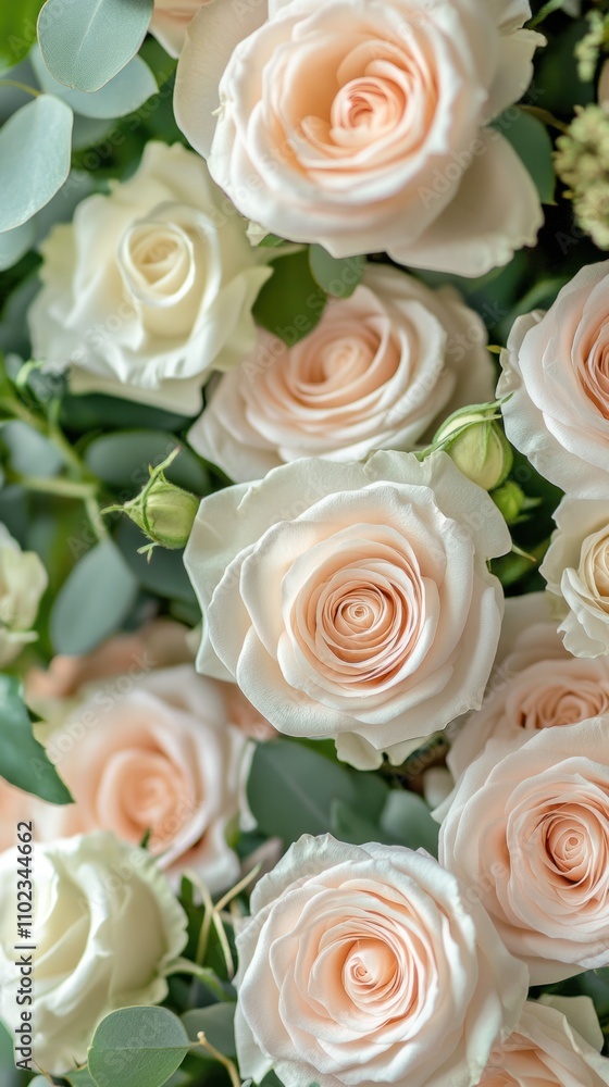 close-up of soft pink and white roses surrounded by greenery, showcasing floral beauty. close-up of soft pink and white roses surrounded by greenery, showcasing floral beauty.