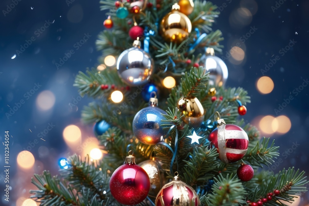 Christmas tree blue decorated with ornaments, star, pine cone Christmas tree blue decorated with ornaments, star, pine cone