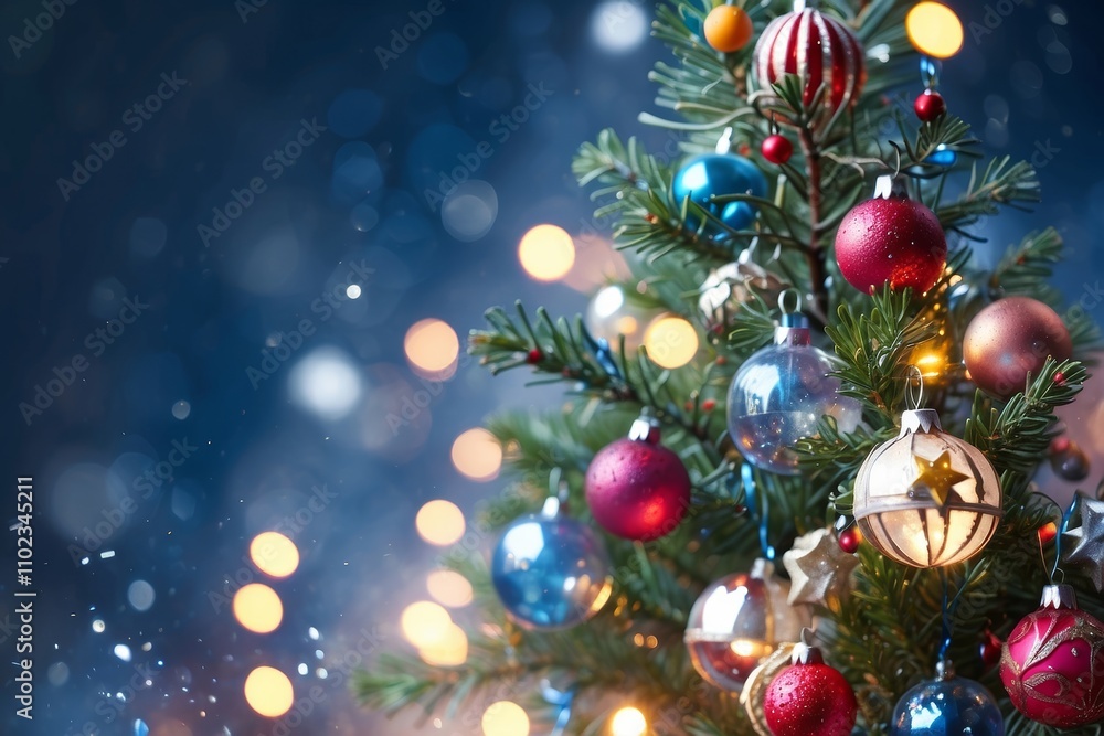Christmas tree blue decorated with ornaments, star, pine cone Christmas tree blue decorated with ornaments, star, pine cone
