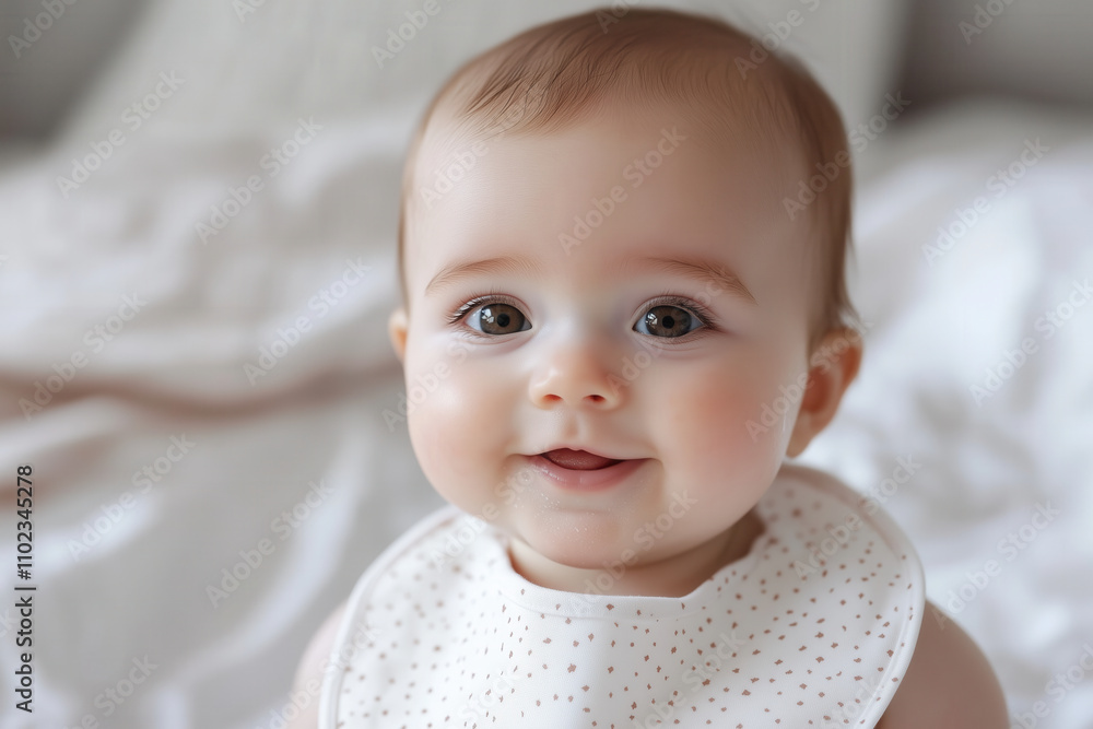 A baby with a milk-drunk face, half-smiling and eyes slightly squinty, wearing a simple bib A baby with a milk-drunk face, half-smiling and eyes slightly squinty, wearing a simple bib