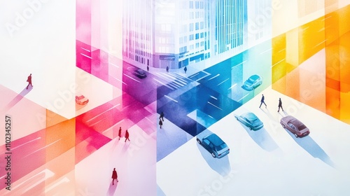 Abstract urban landscape illustration with colorful geometric shapes, people walking, and vehicles navigating city streets in modern city environment