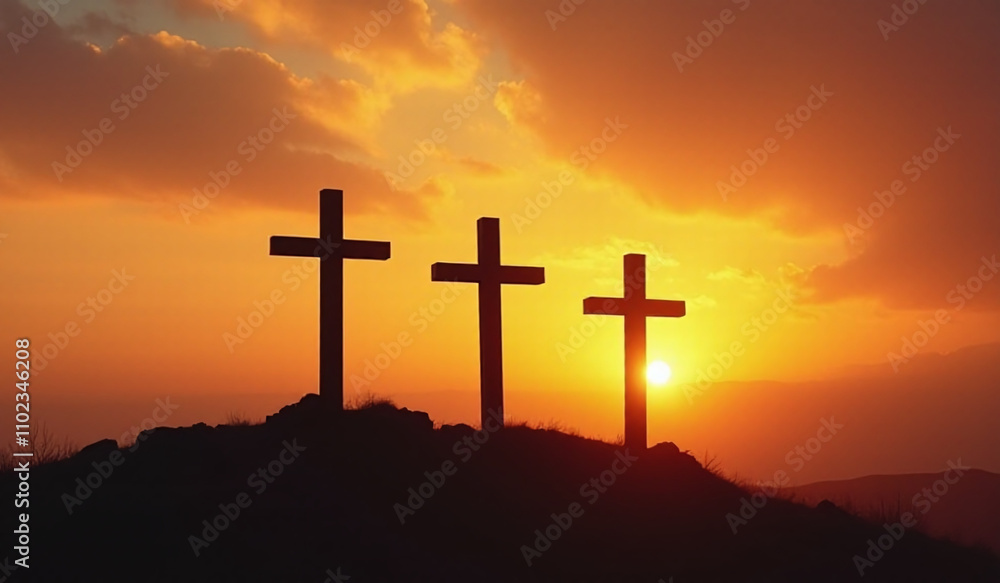 silhouette three crosses stand hill sunrise near old crucifixion site jesus christ silhouette three crosses stand hill sunrise near old crucifixion site jesus christ