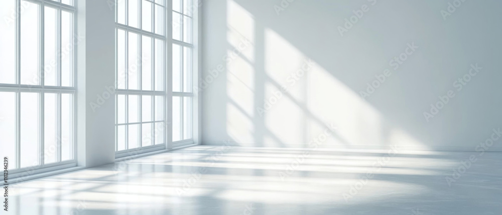 A minimalist white room interior with large windows casts dramatic shadows on the empty floor and walls through natural sunlight. Generative AI. A minimalist white room interior with large windows casts dramatic shadows on the empty floor and walls through natural sunlight. Generative AI.