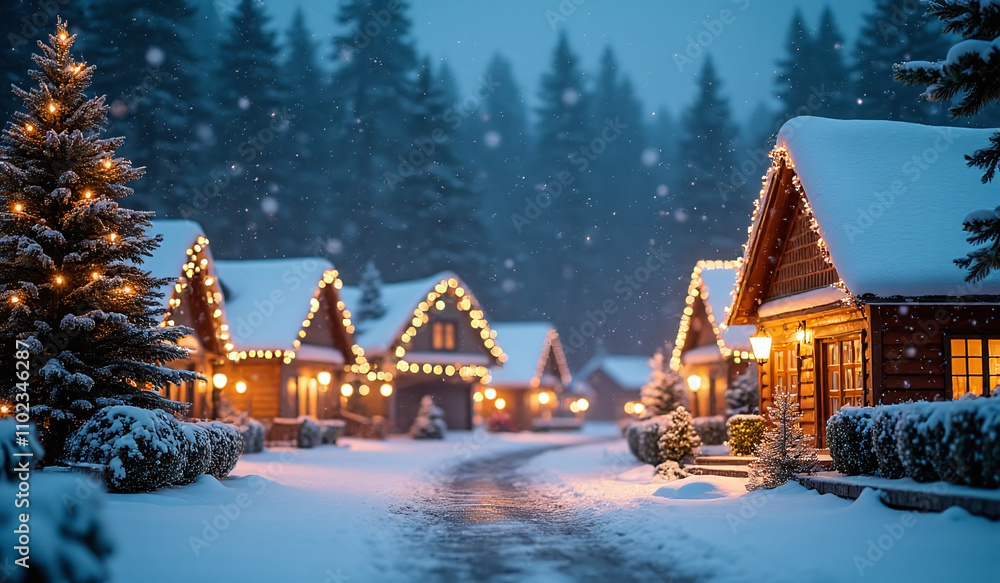 Fototapeta premium snowflakes gently fall festive holiday village scene twinkling lights decorated homes