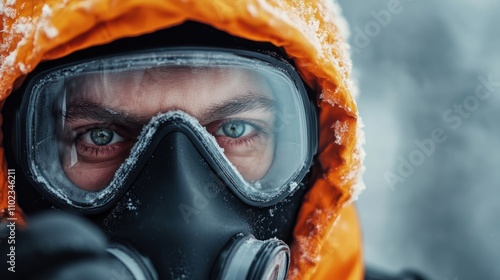 Intense Portrait of a Person in a Protective Mask and Bright Orange Jacket Against a Frosty Background, Capturing Resilience and Focus in Harsh Conditions