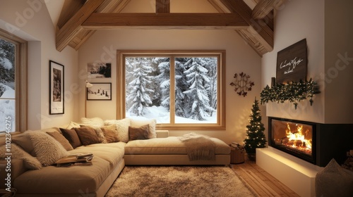 Cozy Winter Living Room with Warm Fireplace and Snowy Forest View, Inviting Atmosphere Perfect for Holiday Gatherings and Relaxation