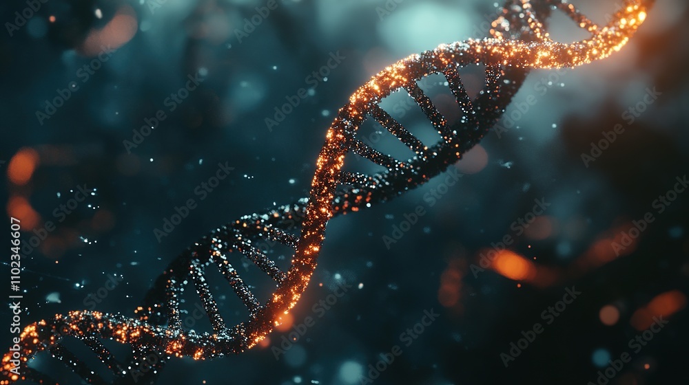 A vibrant, artistic representation of a DNA double helix, showcasing intricate details and glowing particles against a blurred, dark background. A vibrant, artistic representation of a DNA double helix, showcasing intricate details and glowing particles against a blurred, dark background.