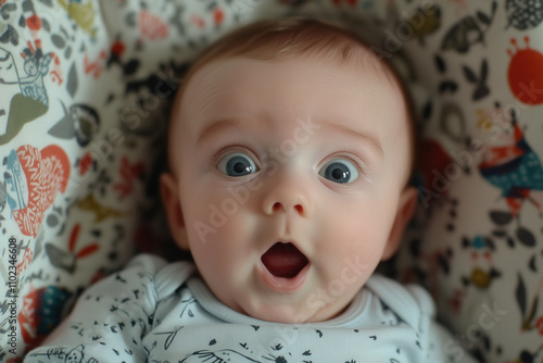 A close-up of a baby with a comical surprised expression, their mouth wide open in astonishment