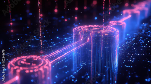 Futuristic digital landscape with glowing lines and circular nodes reflecting data flow and connectivity in a virtual world. Generative AI photo