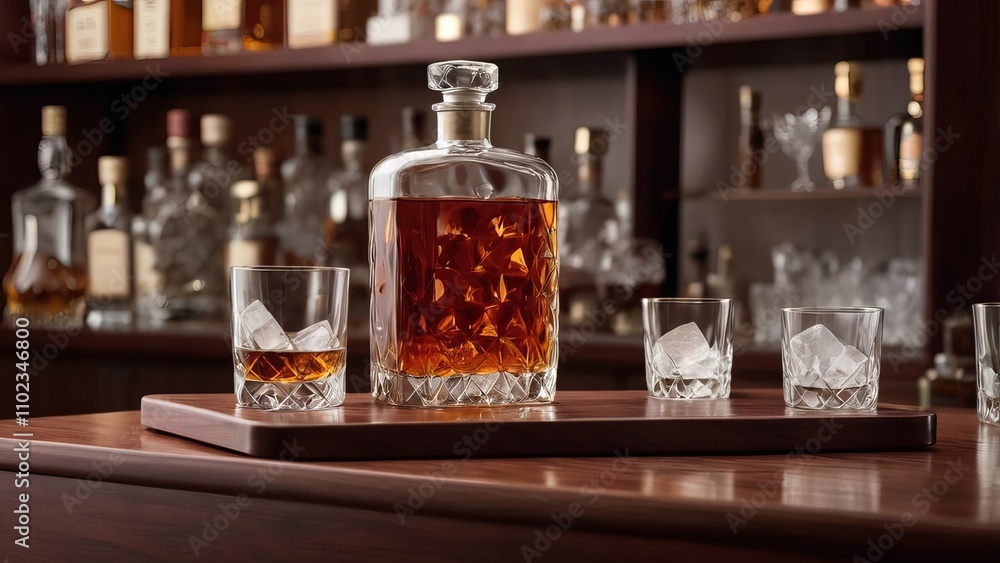 Crystal whiskey decanter with glasses on wooden bar counter Crystal whiskey decanter with glasses on wooden bar counter