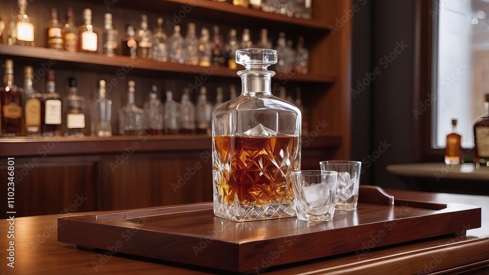 Crystal whiskey decanter with glasses on wooden bar counter Crystal whiskey decanter with glasses on wooden bar counter