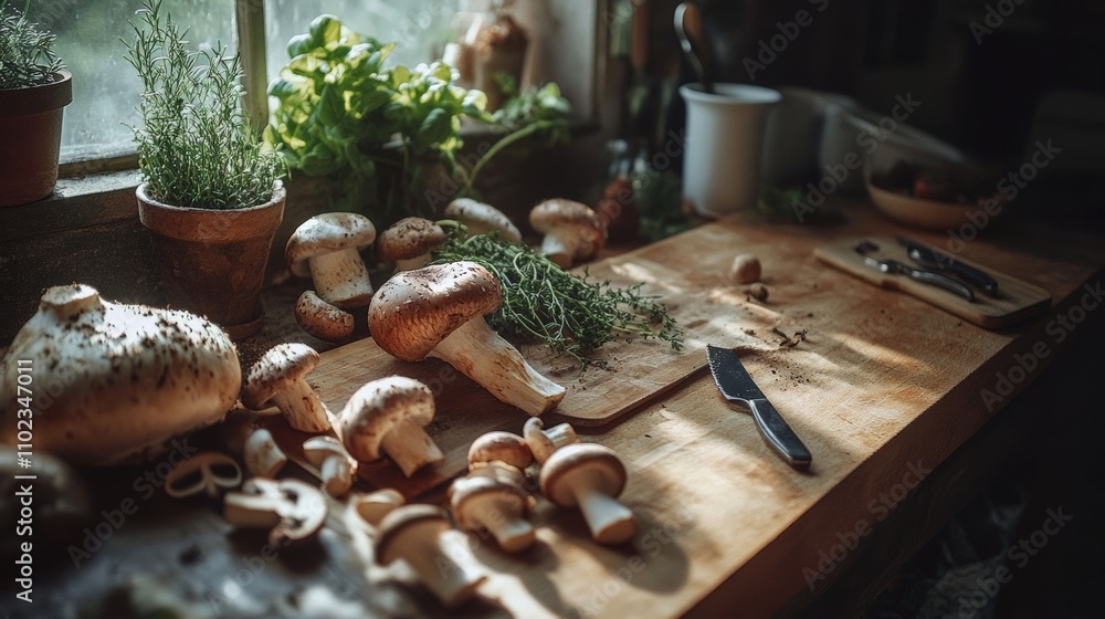 Fresh Mushrooms and Herbs on a Wooden Table for Cooking Preparation Fresh Mushrooms and Herbs on a Wooden Table for Cooking Preparation