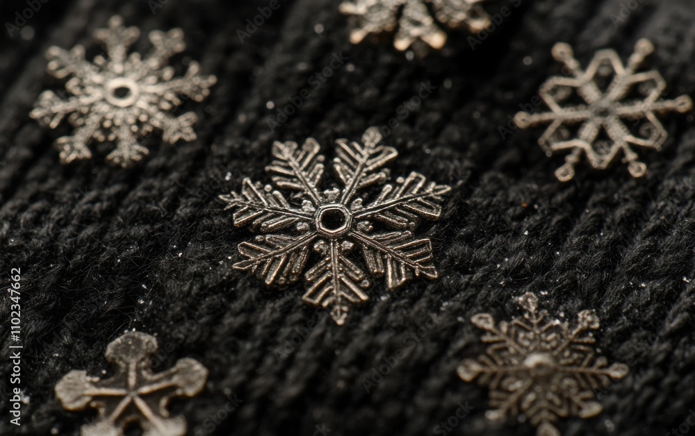macro shot of intricate snowflakes on a dark woolen glove macro shot of intricate snowflakes on a dark woolen glove