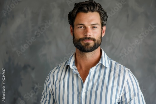 A sophisticated man with a beard in a striped shirt poses on a grey studio background.