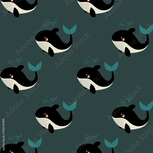 Cute vector pattern of playful whales swimming in a dark ocean background