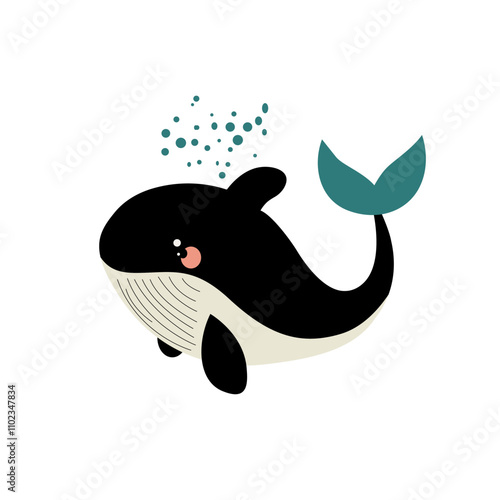 Cute cartoon whale swimming happily in the ocean with bubbles and splashes