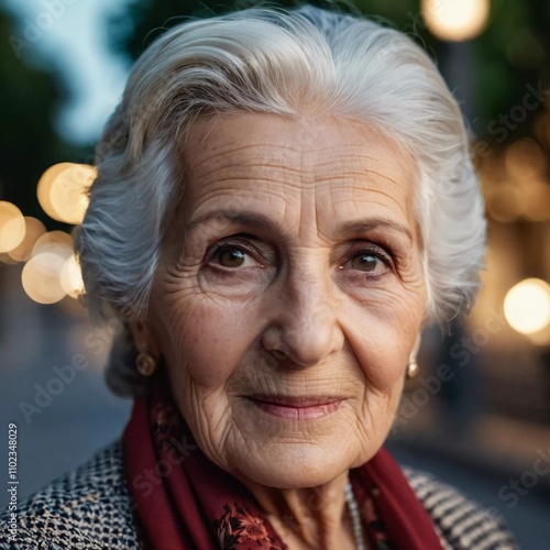 A graceful woman in her golden years stands confidently on street in Italy. Her soft smile and classic style reflect the charm of her surroundings as warm lights glow in the background. Generative AI