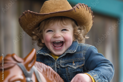 A toddler wearing a cowboy hat, riding a toy horse with exaggerated enthusiasm