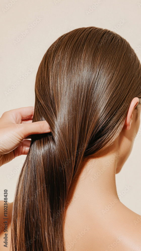 Woman touching long, straight, shiny brown hair on beige background Woman touching long, straight, shiny brown hair on beige background