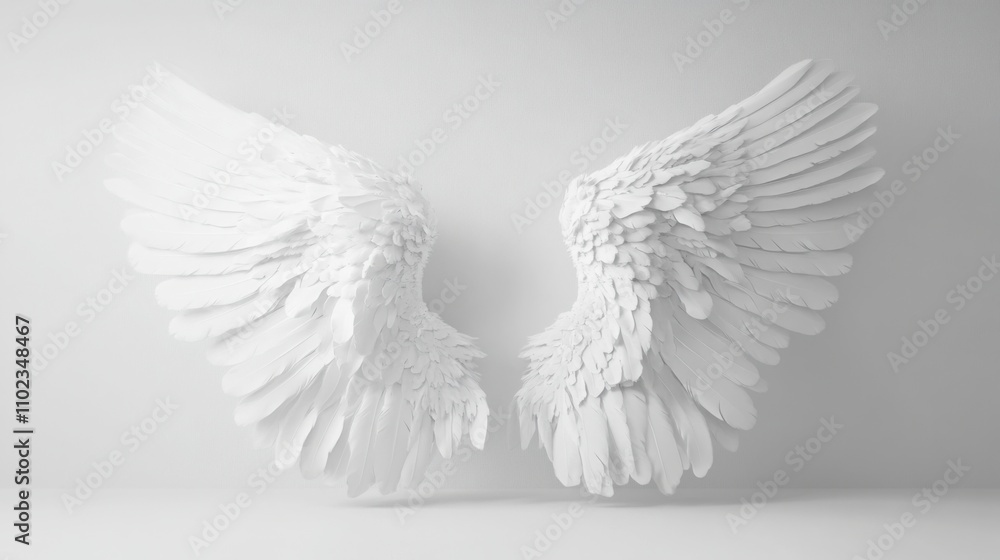 Fototapeta premium a pair of large, detailed white angel wings with soft feathers, isolated on a clean, light background