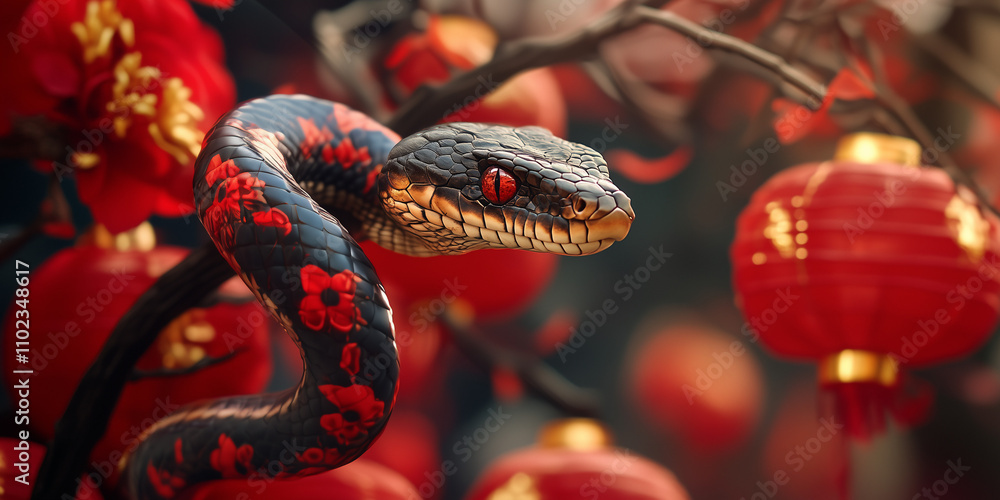 Snake with a red pattern and Chinese lanterns. Chinese New Year zodiac. Year of the snake. Snake with a red pattern and Chinese lanterns. Chinese New Year zodiac. Year of the snake.