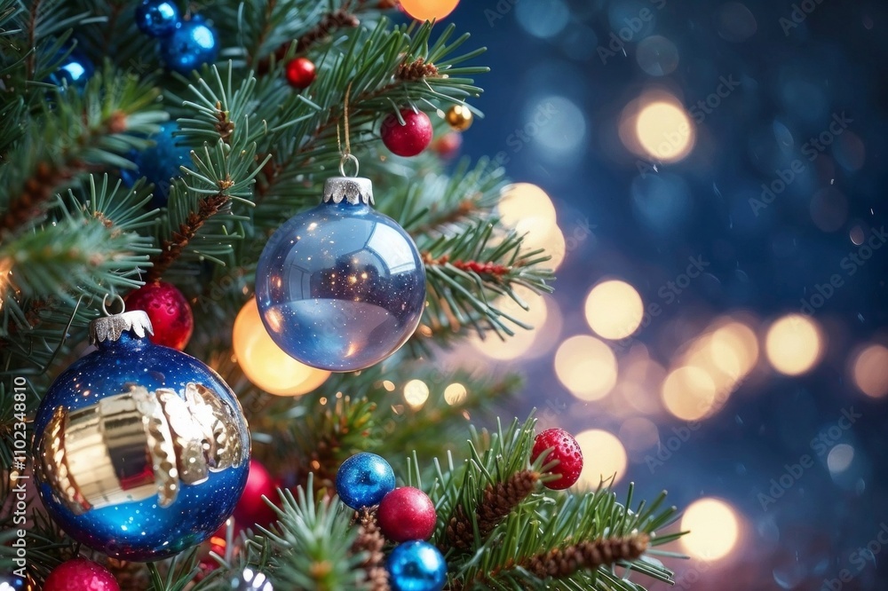 Christmas tree blue decorated with ornaments, star, pine cone Christmas tree blue decorated with ornaments, star, pine cone