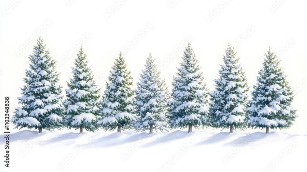 a row of evergreen trees heavily laden with snow, a bright and clear winter sky in the background a row of evergreen trees heavily laden with snow, a bright and clear winter sky in the background