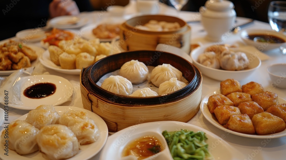 A table full of freshly prepared dim sum dishes, including shrimp dumplings, barbecue pork buns, and crispy spring rolls, perfect for an authentic Chinese dining experience. A table full of freshly prepared dim sum dishes, including shrimp dumplings, barbecue pork buns, and crispy spring rolls, perfect for an authentic Chinese dining experience.