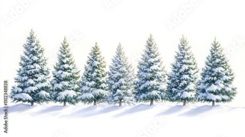 a row of evergreen trees heavily laden with snow, a bright and clear winter sky in the background 