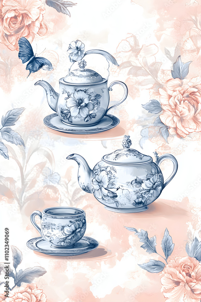 Fototapeta premium Nostalgic Elegance: Embrace the Essence of Vintage Tea Time with Delicate Floral Designs and Classic Tea Elements
