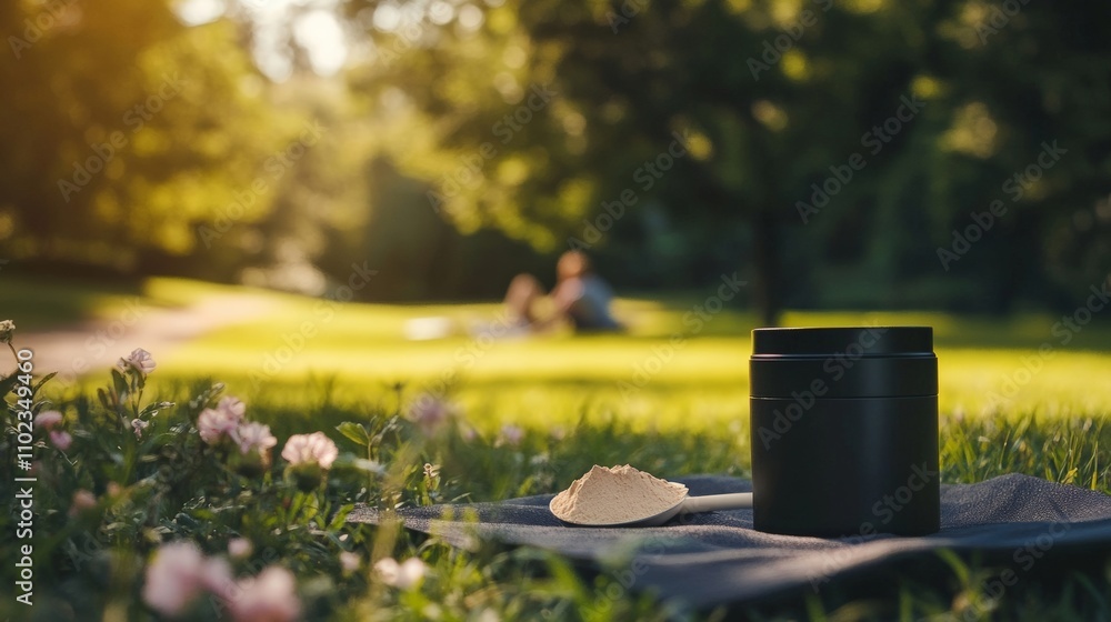 Relaxing in Nature: A Cozy Picnic Scene with a Black Container on a Green Lawn Relaxing in Nature: A Cozy Picnic Scene with a Black Container on a Green Lawn