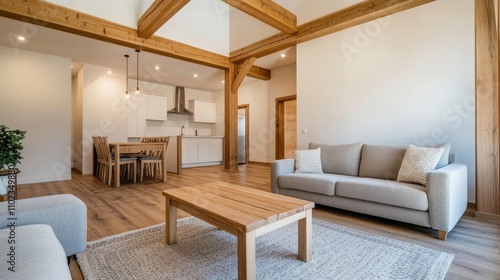 Cozy Living Room with Light Gray Sofas and Exposed Wooden Beams - Modern, cozy living room featuring light gray sofas, exposed wooden beams, and a light and airy atmosphere. Comfort, style, home, rela photo