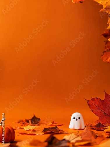 Cute Halloween Ghost and Autumn Leaves - Adorable Halloween ghost with autumn leaves and pumpkin, symbolizing spooky season, fall harvest, playful spirit, autumn charm, and Halloween festivity. photo