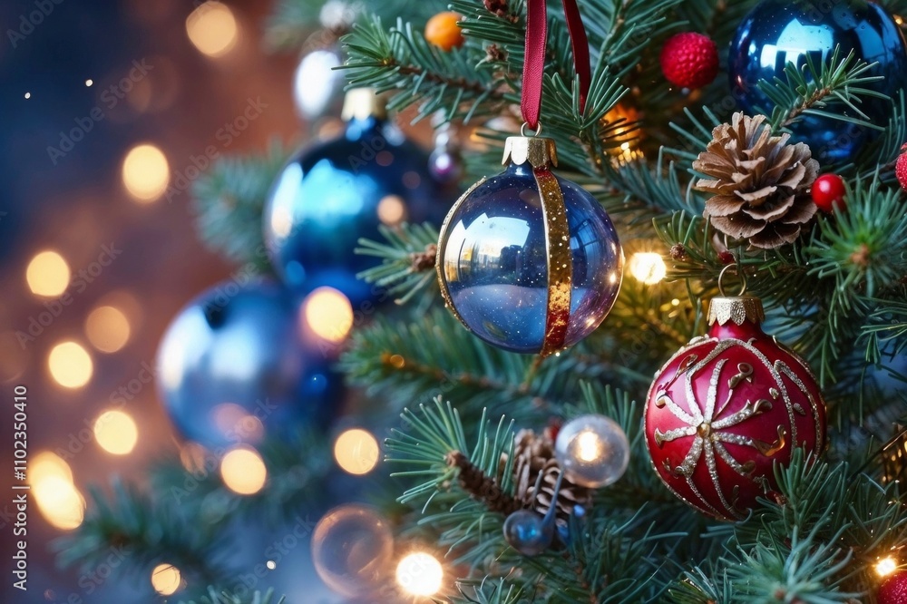 Christmas tree blue decorated with ornaments, star, pine cone Christmas tree blue decorated with ornaments, star, pine cone