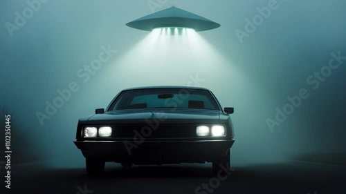 Car under UFO lights in fog. Science fiction scene
