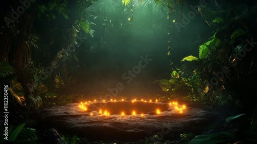 Ethereal Stone Portal in a Lit Jungle - Mystical stone portal, jungle setting, candles, magic, ancient ritual. Tranquil, mysterious, spiritual.