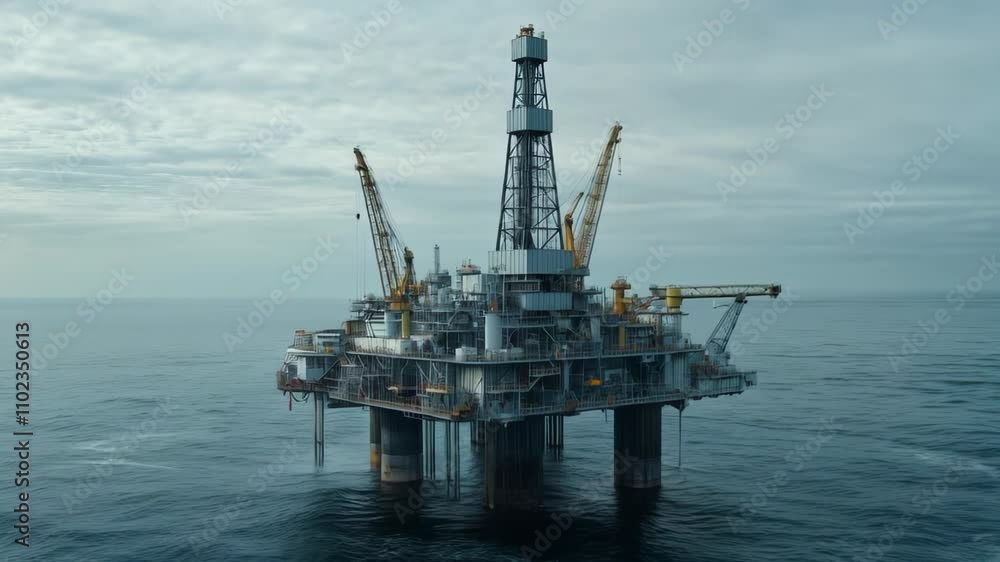 Oil platform stands tall offshore under cloudy skies, showcasing engineering and industrial activity at sea