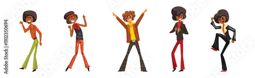 People Character in Retro Style Clothes Dancing Disco Vector Set
