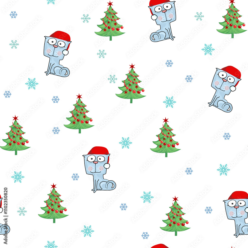 seamless pattern illustration with cats in santas hat and green christmas tree seamless pattern illustration with cats in santas hat and green christmas tree