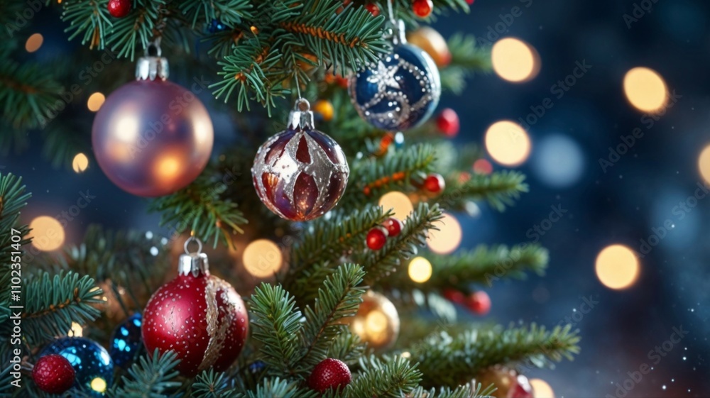 Christmas tree blue decorated with ornaments, star, pine cone Christmas tree blue decorated with ornaments, star, pine cone