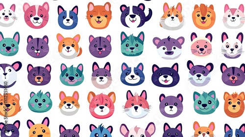 Colorful Cartoon Animal Faces Pattern with Diverse Expressions for Kids' Designs, Crafts, and Fun Backgrounds in a Whimsical Style