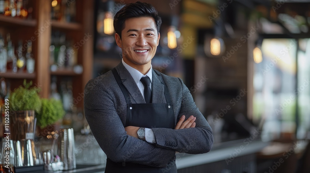 Fototapeta premium Handsome Asian bartender, dressed smartly in a suit with a black apron, standing confidently with crossed arms, smiling brightly at the camera, representing hospitality.