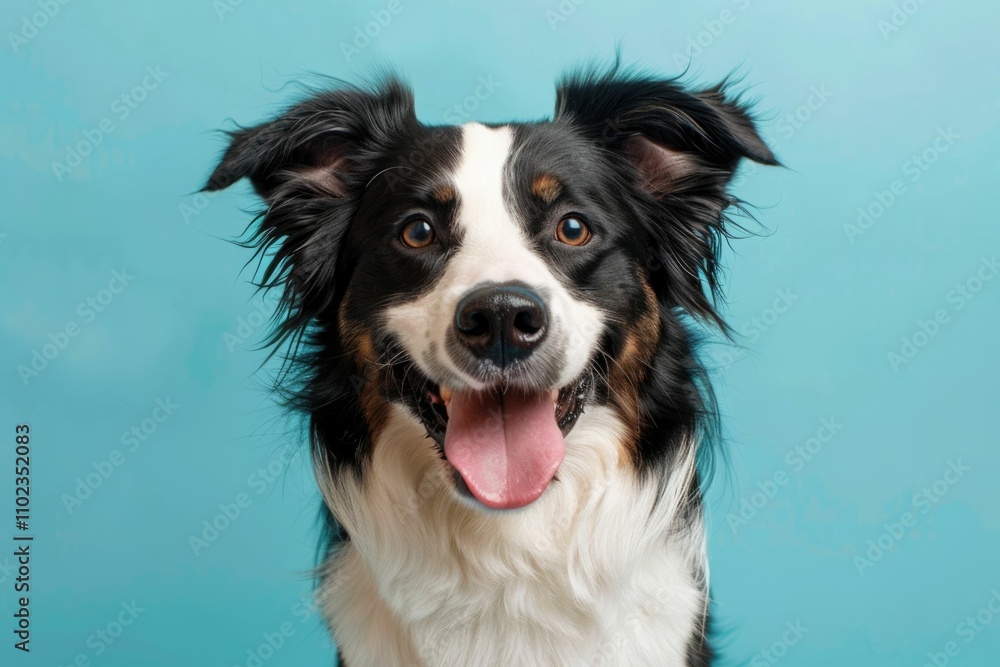 Happy border collie in studio portrait against teal background. Happy border collie in studio portrait against teal background.